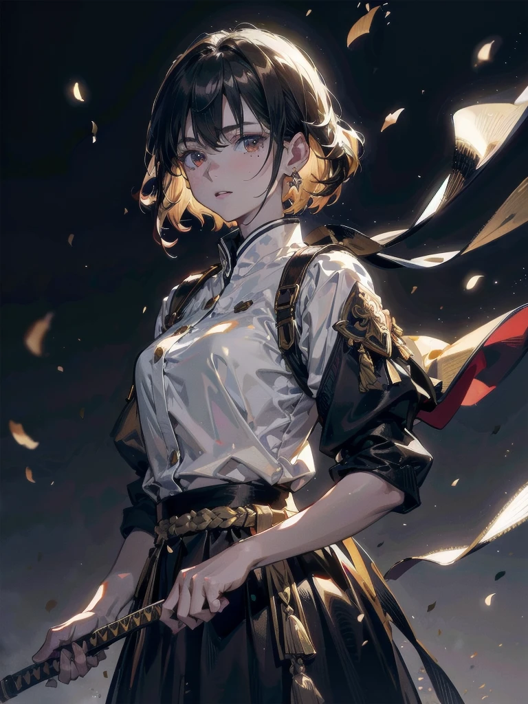Military Dress, golden accessories, Grand Katana Sword, absurdres, RAW photo, extremely delicate and beautiful, masterpiece, Best Quality, ultra high resolution, 32k, hyperrealistic, ultra-detailed, detailed description, pale skin, 20 years old, tearful mole, earring, big tits, short medium hair, wavy hair, whole body shot,