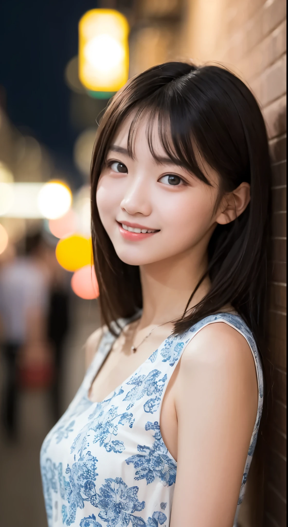 Masterpiece, Best quality, 8K, 12year old, Teenage uncensored, RAW photo, absurderes, award winning portrait, Solo, Night, neonlight, Idol face, violaceaess, gardeniass, Delicate girl, Upper body, Digital SLR, view the viewer, candid, Sophisticated, Youthful, Smile, Thin arms, Professional lighting, filmgrain, color difference, (Detailed eyes and face:1.0), (Bokeh:1.1)