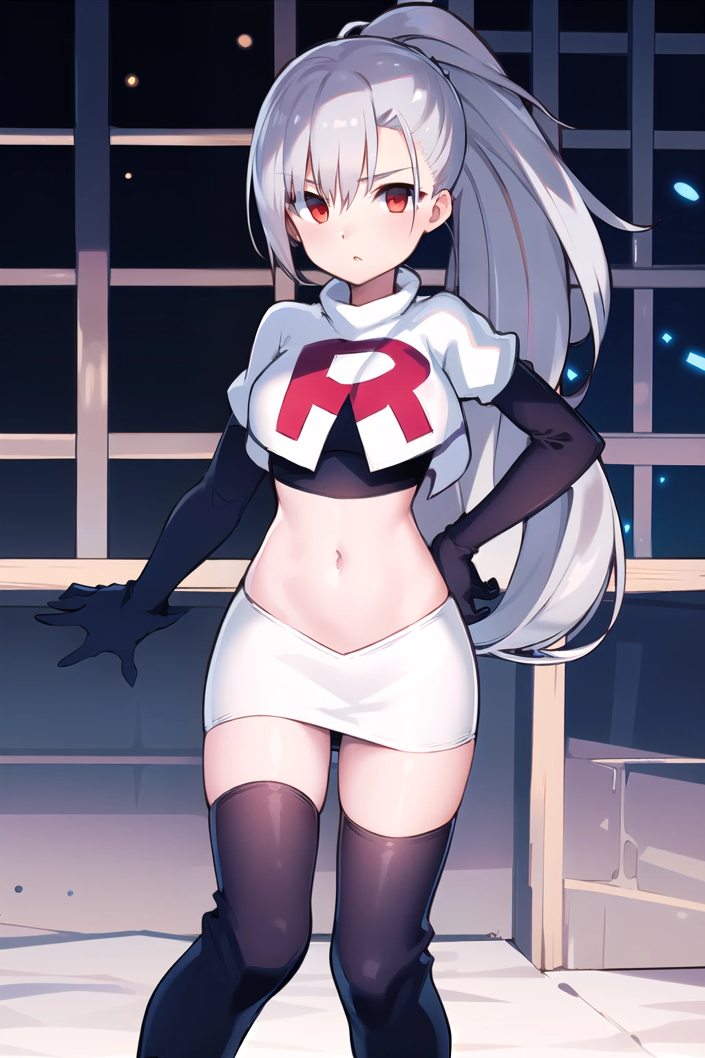 1girl, tina, best quality, long ponytail, silver hair, red eyes, highly detailed, team rocket,team rocket uniform,white skirt,red letter R,crop top,black thigh-highs,black elbow gloves