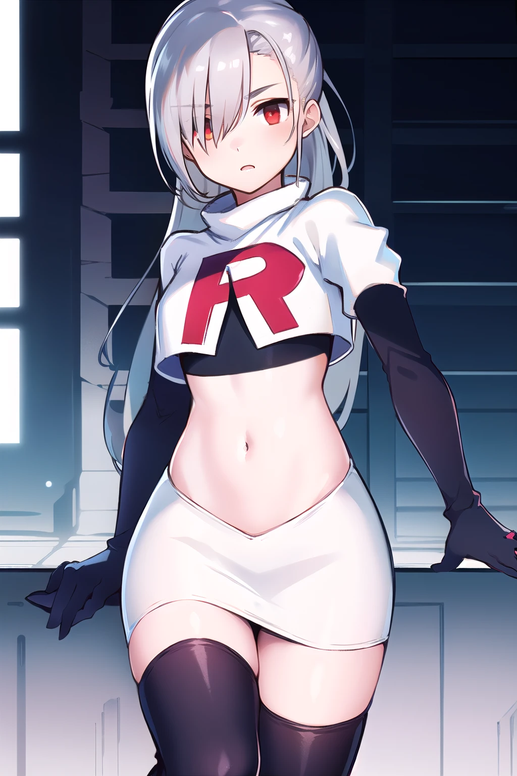 1girl, tina, best quality, long ponytail, silver hair, red eyes, highly detailed, team rocket,team rocket uniform,white skirt,red letter R,crop top,black thigh-highs,black elbow gloves