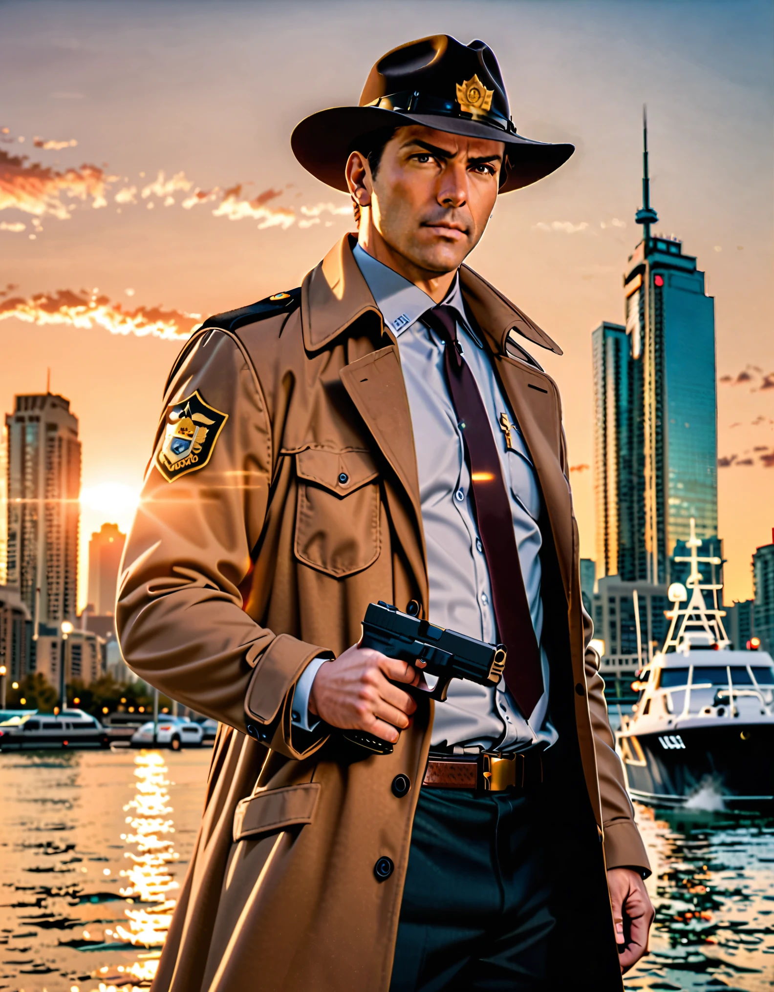 ((masterpiece, best quality, hires)), 1boy, male focus, solo focus, mature adult, age 27, canadian police officer, detective, dark brown suit and tie, trenchcoat, brown hair, dark hazel eyes, ((using Glock17 handgun)), in front of a patrol cruiser, toronto city backdrop, cowboy shot, sunset, brown cowboy hat, serious look on his face.