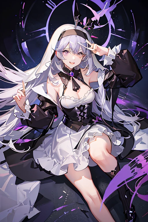 create an image in anime style of a girl with purple and gold eyes, black and white hair, and black wings and a nun dress gothic (should have a teasing face and a shadow in her face, she is laughing) her eyes are litghing
