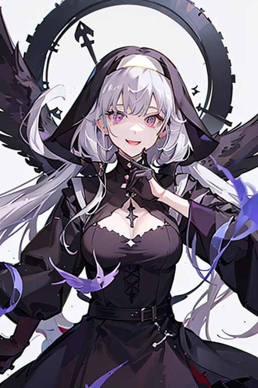 create an image in anime style of a girl with purple and gold eyes, black and white hair, and black wings and a nun dress gothic (should have a teasing face and a shadow in her face, she is laughing) her eyes are litghing