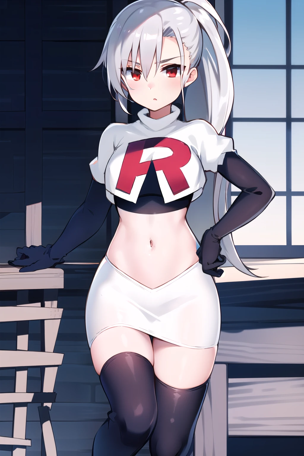 1girl, tina, best quality, long ponytail, silver hair, red eyes, highly detailed, team rocket,team rocket uniform,white skirt,red letter R,crop top,black thigh-highs,black elbow gloves