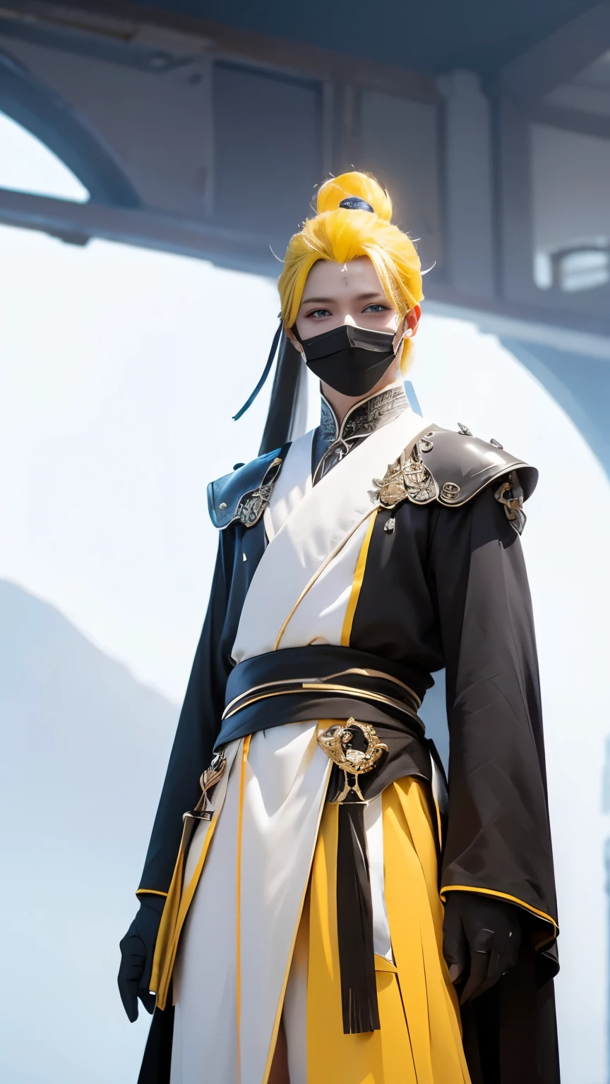 solo male, white robes, Blue eyes, black pants, black gloves, (Face full mask), Yellow hair, mask face, fantasy