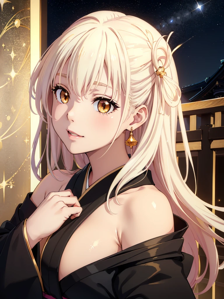 masterpiece、highest quality、High resolution、high quality images、8K, 1 female、skin luster、skin texture、Expression of fine eyes、Girl with long braided hair, realism, Detailed manga style, manga art style, perfect line drawing, beautiful line drawing, digital manga art girl, 
(beautiful golden eyes:1.5), Clear, beautiful eyes、plump lips, Detailed gorgeous face, (cute smile), charm, Front view, (perfectly detailed face), (fine hands) 、(Five fingers:1.3)、photorealistic images, Depth of written boundary, face forward , night sky , night view ，beautiful starry sky  , romanticism、(Taisho Era、japanese black and golden kimono:1.5)、(large breasts:1.35)、blush、(white Hair:1.3)、Gorgeous blue sparkling earrings、Gorgeous gold bracelet、Gorgeous gold anklets、(oblong face:1.5)、(Sparkling Glitter:1.2)、Bangs between the eyes、(portrait:1.6)
Graceful、Kyoto street、Moon Night,The beautiful old town of Kyoto、(Hands should be hidden behind the body:1.4)、Hairpin:1.3