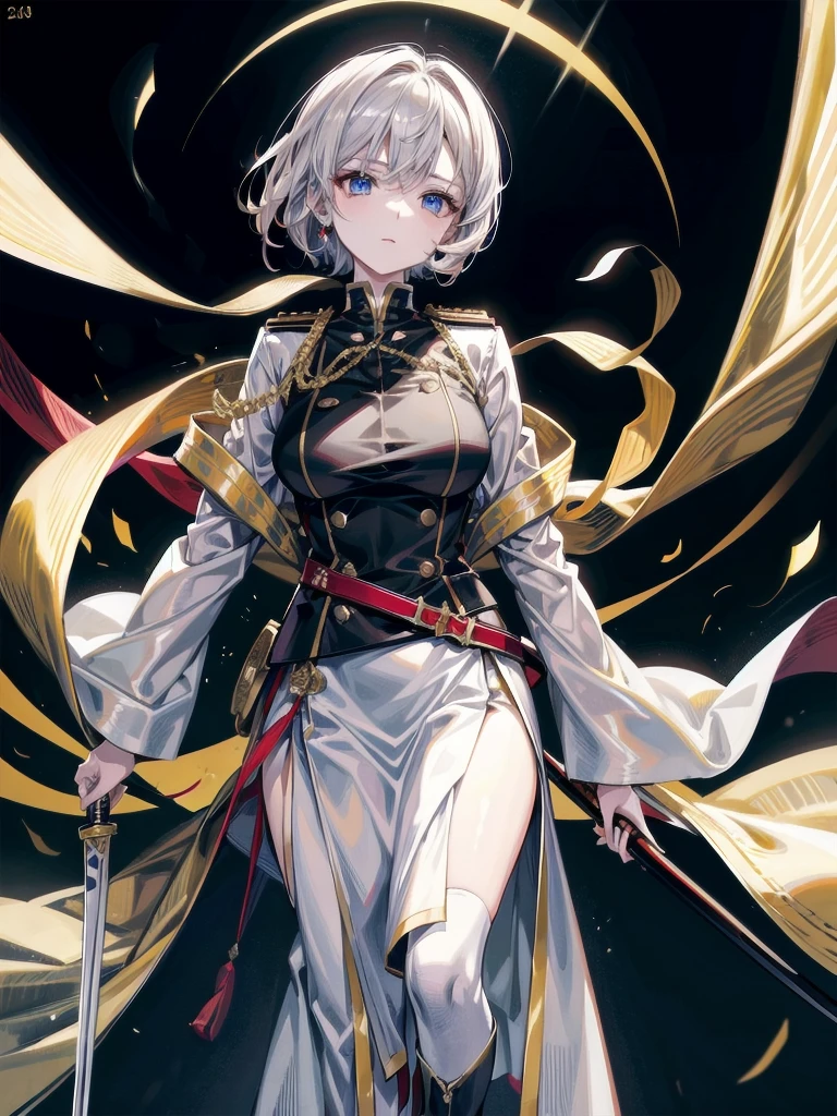 Military Dress, golden accessories, Grand Katana Sword, absurdres, RAW photo, extremely delicate and beautiful, masterpiece, Best Quality, ultra high resolution, 32k, hyperrealistic, ultra-detailed, detailed description, pale skin, 20 years old, tearful mole, earring, big tits, short medium hair, wavy hair, whole body shot,