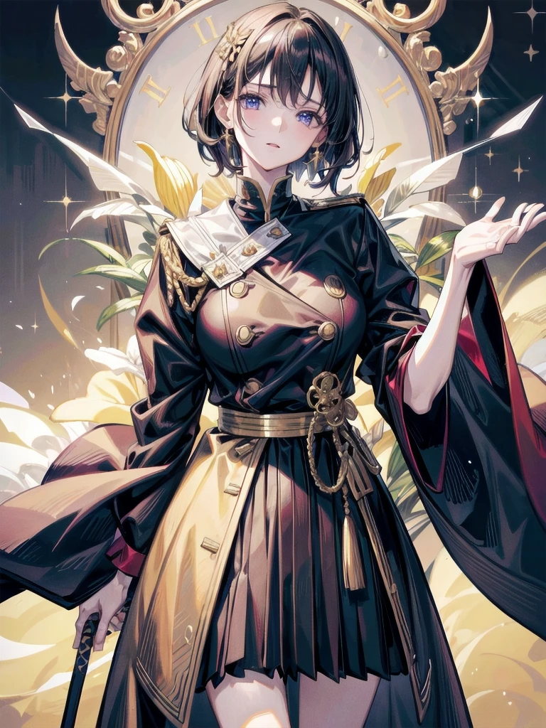 Military Dress, golden accessories, Grand Katana Sword, absurdres, RAW photo, extremely delicate and beautiful, masterpiece, Best Quality, ultra high resolution, 32k, hyperrealistic, ultra-detailed, detailed description, pale skin, 20 years old, tearful mole, earring, big tits, short medium hair, wavy hair, whole body shot,