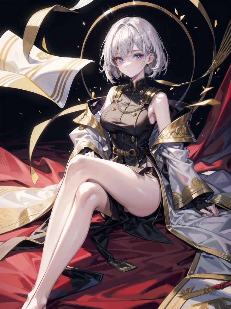 Military Dress, golden accessories, Grand Katana Sword, absurdres, RAW photo, extremely delicate and beautiful, masterpiece, Best Quality, ultra high resolution, 32k, hyperrealistic, ultra-detailed, detailed description, pale skin, 20 years old, tearful mole, earring, big tits, short medium hair, wavy hair, whole body shot,