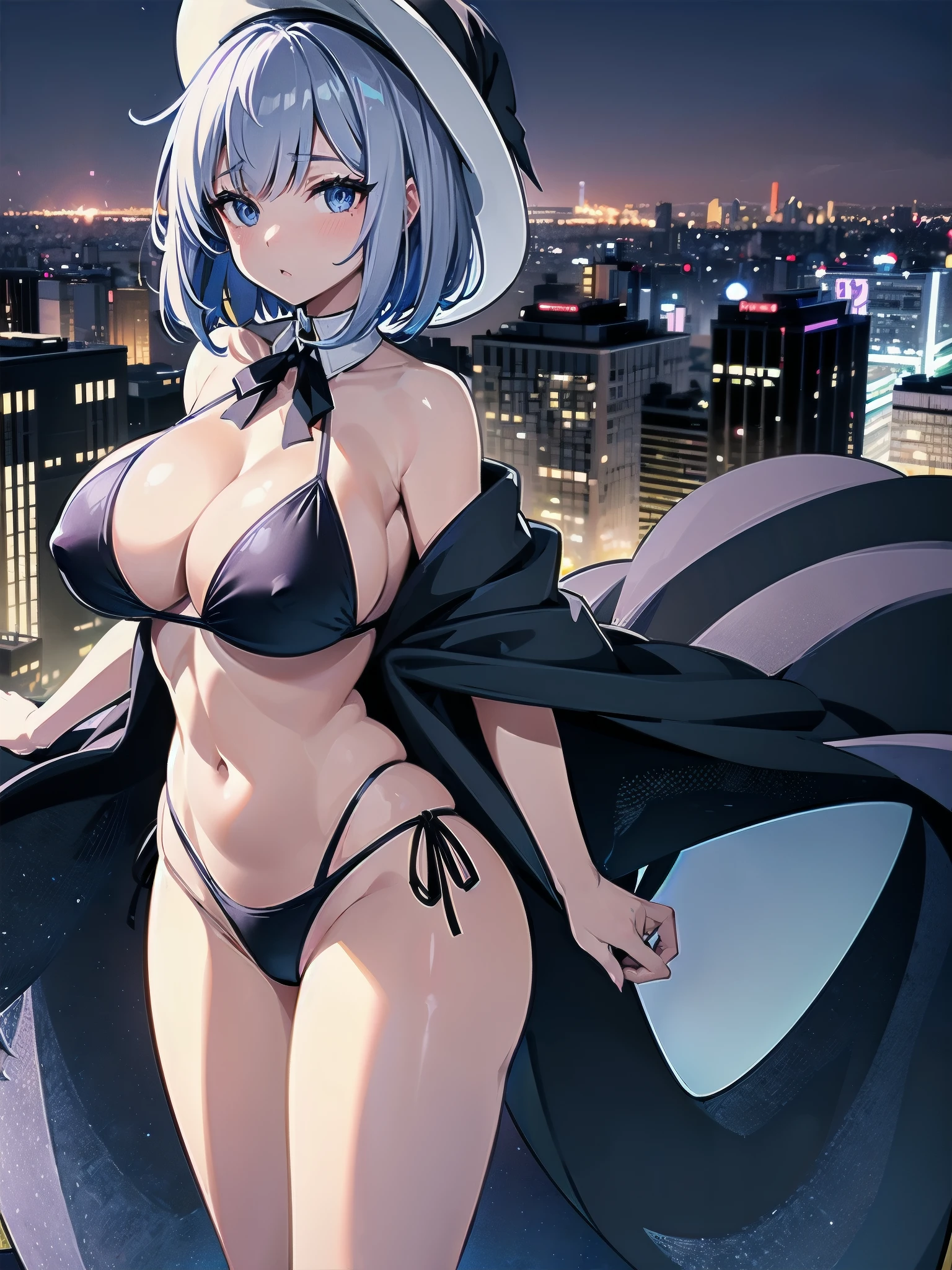 A girl stands on the rooftop of a high-rise building with a panoramic view of late-night Tokyo below.、She has a short bob with a white lob of hair and wears a large black witch hat with sapphire jewelry.、A high school student wearing a navy blue bikini-type swimsuit with a white ribbon、She wears a large witch's hat with a small sapphire accessory、A few star creams、Beautiful starry sky、Beautiful night view、large witch's hat 、Navy blue bikini pants that dig into your stomach、Small breasts、Small breasts、Navy blue swimsuit top with white frills、I see my stomach、The area around the stomach is bare skin.、Belly button、Halterneck bikini、She is wearing hot pants、beautiful portrait、4K quality、High quality images、High resolution