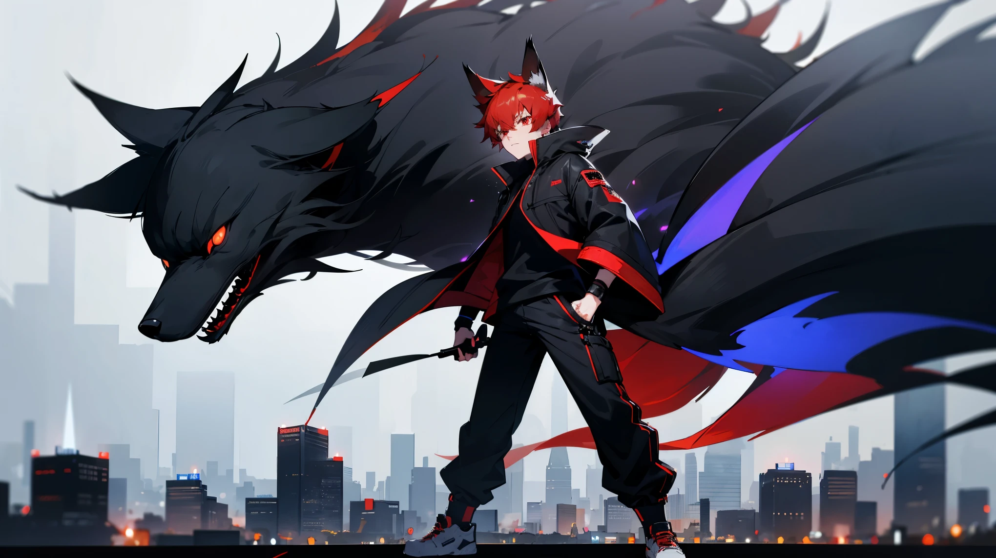 1Boy, 16 years old, red hair, short hair, black Fox ears, black fox tail, black jacket, blue shirt, bkack pants, black futuristic sneakers, full body, standing, serious face, lit up city background, upper body only, red eyes, close up on boy