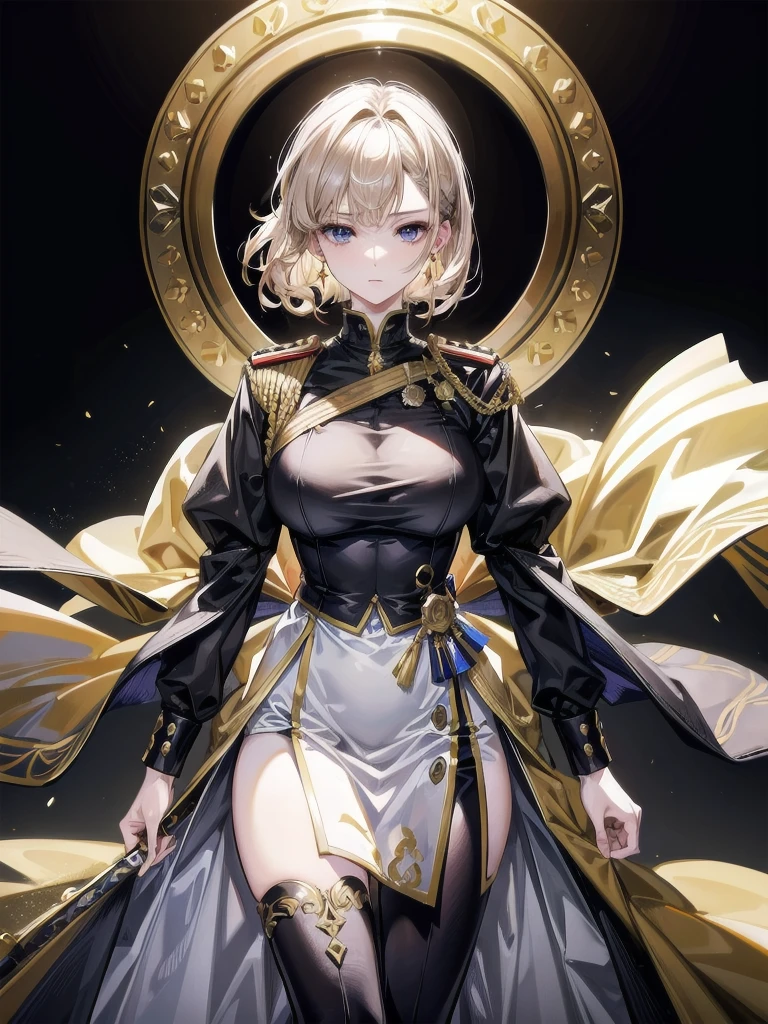 Military Dress, golden accessories, Grand Katana Sword, absurdres, RAW photo, extremely delicate and beautiful, masterpiece, Best Quality, ultra high resolution, 32k, hyperrealistic, ultra-detailed, detailed description, pale skin, 20 years old, tearful mole, earring, big tits, short medium hair, wavy hair, whole body shot,