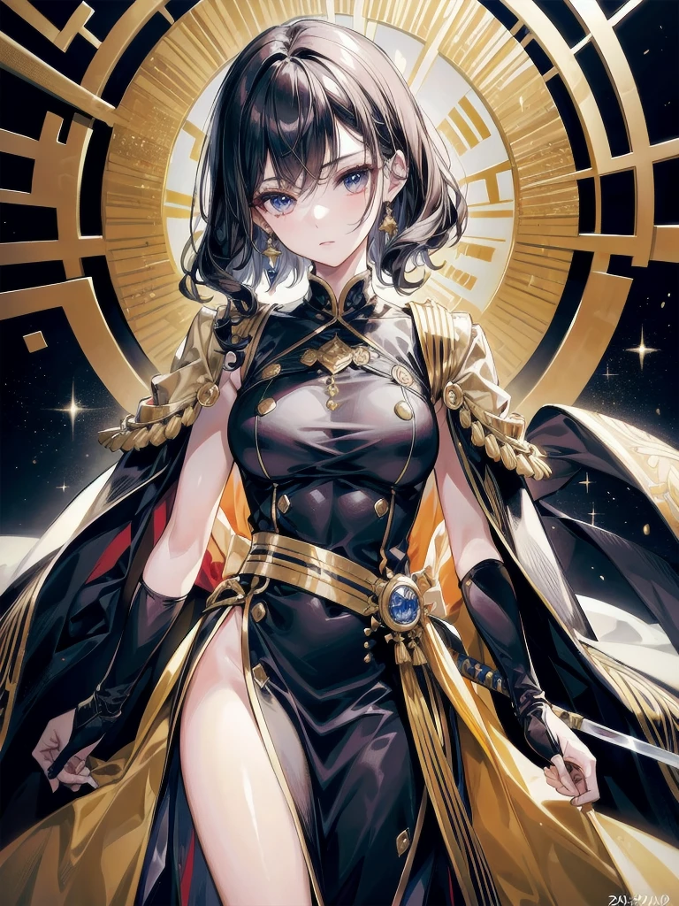 Military Dress, golden accessories, Grand Katana Sword, absurdres, RAW photo, extremely delicate and beautiful, masterpiece, Best Quality, ultra high resolution, 32k, hyperrealistic, ultra-detailed, detailed description, pale skin, 20 years old, tearful mole, earring, big tits, short medium hair, wavy hair, whole body shot,