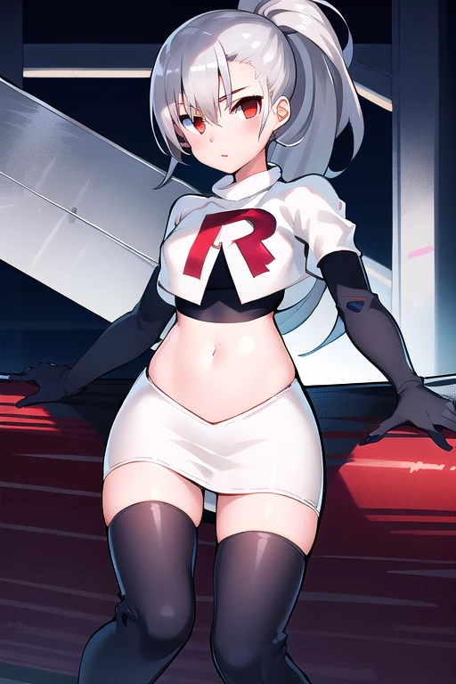 1girl, tina, best quality, long ponytail, silver hair, red eyes, highly detailed, team rocket,team rocket uniform,white skirt,red letter R,crop top,black thigh-highs,black elbow gloves
