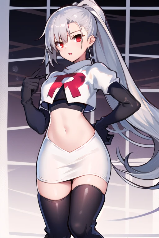1girl, tina, best quality, long ponytail, silver hair, red eyes, highly detailed, team rocket,team rocket uniform,white skirt,red letter R,crop top,black thigh-highs,black elbow gloves
