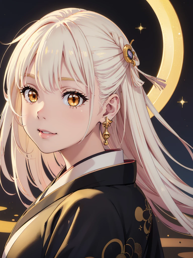 masterpiece、highest quality、High resolution、high quality images、8K, 1 female、skin luster、skin texture、Expression of fine eyes、Girl with long braided hair, realism, Detailed manga style, manga art style, perfect line drawing, beautiful line drawing, digital manga art girl,
(beautiful golden eyes:1.5), Clear, beautiful eyes、plump lips, Detailed gorgeous face, (cute smile), charm, Front view, (perfectly detailed face), (fine hands) 、(Five fingers:1.3)、photorealistic images, Depth of written boundary, face forward , night sky , night view ,beautiful starry sky , romanticism、(Taisho Era、japanese black and golden kimono:1.5)、(large breasts:1.35)、blush、(white Hair:1.3)、Gorgeous blue sparkling earrings、Gorgeous gold bracelet、Gorgeous gold anklets、(oblong face:1.5)、(Sparkling Glitter:1.2)、Bangs between the eyes、(portrait:1.6)
Graceful、Kyoto street、Moon Night,The beautiful old town of Kyoto、(Hands should be hidden behind the body:1.4)、Hairpin:1.3