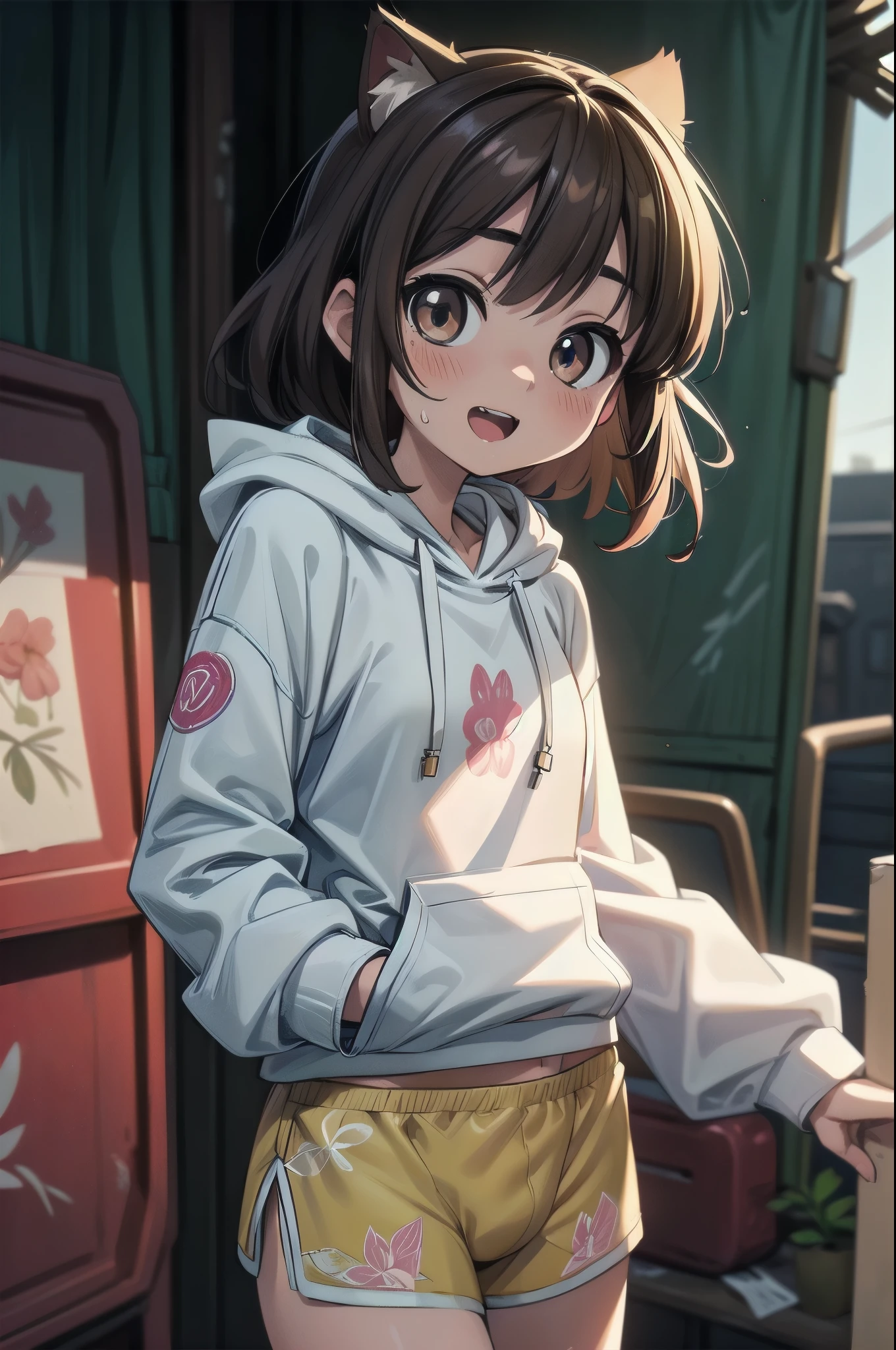 ((Masterpiece)), (Anime:1.3), ((best quality)), (RAW photo: 1.2), (High Definition:1.3), (Professional Photography:1.2), (hard lighting:1.5), (closeup face), Textured skin, cinematic lighting, (), 1girl, (Cute teenage beaul Girl), ((best quality)), beautiful brown eyes, (Beautiful daiamond eyes:1.5), Cat ears, Pale brown hair, unruly hair, medium hair, innocent smile, Open mouth wide, ((pure white hoodie)), zipper, ((botanical pattern Boxer shorts)), Slender body, small breasts, sweaty, Beautiful small breasts, (Posing with Civility), Slum townscape,