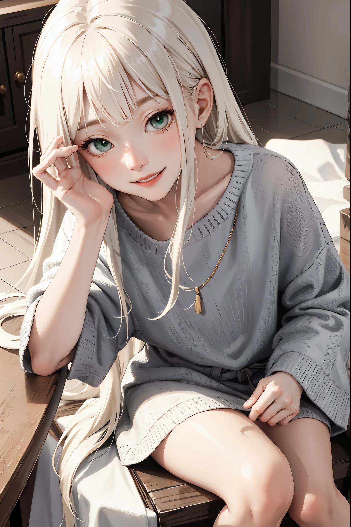 (masterpiece:1.2, best quality), (real picture, intricate details), 1, solo, full body, sitting, casual, long hair, minimal makeup, natural fabrics, close-up face, smile, home, , 6 years old, cute , innocent, , tiny , , kind face, cute face, naive, long light platinum blonde hair, bangs, green eyes, happy, SFW.