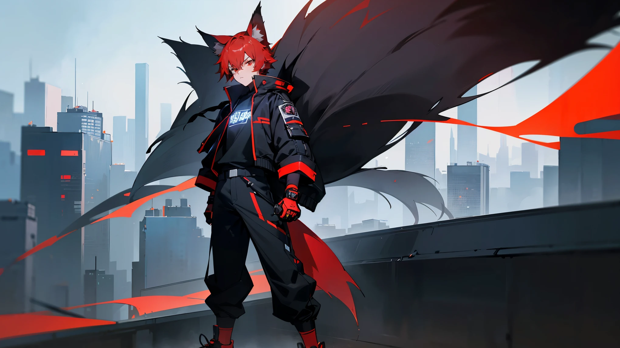 1Boy, 16 years old, red hair, short hair, black Fox ears, black fox tail, black jacket, blue shirt, bkack pants, black futuristic sneakers, full body, standing, serious face, lit up city background, upper body only, red eyes, close up on boy
