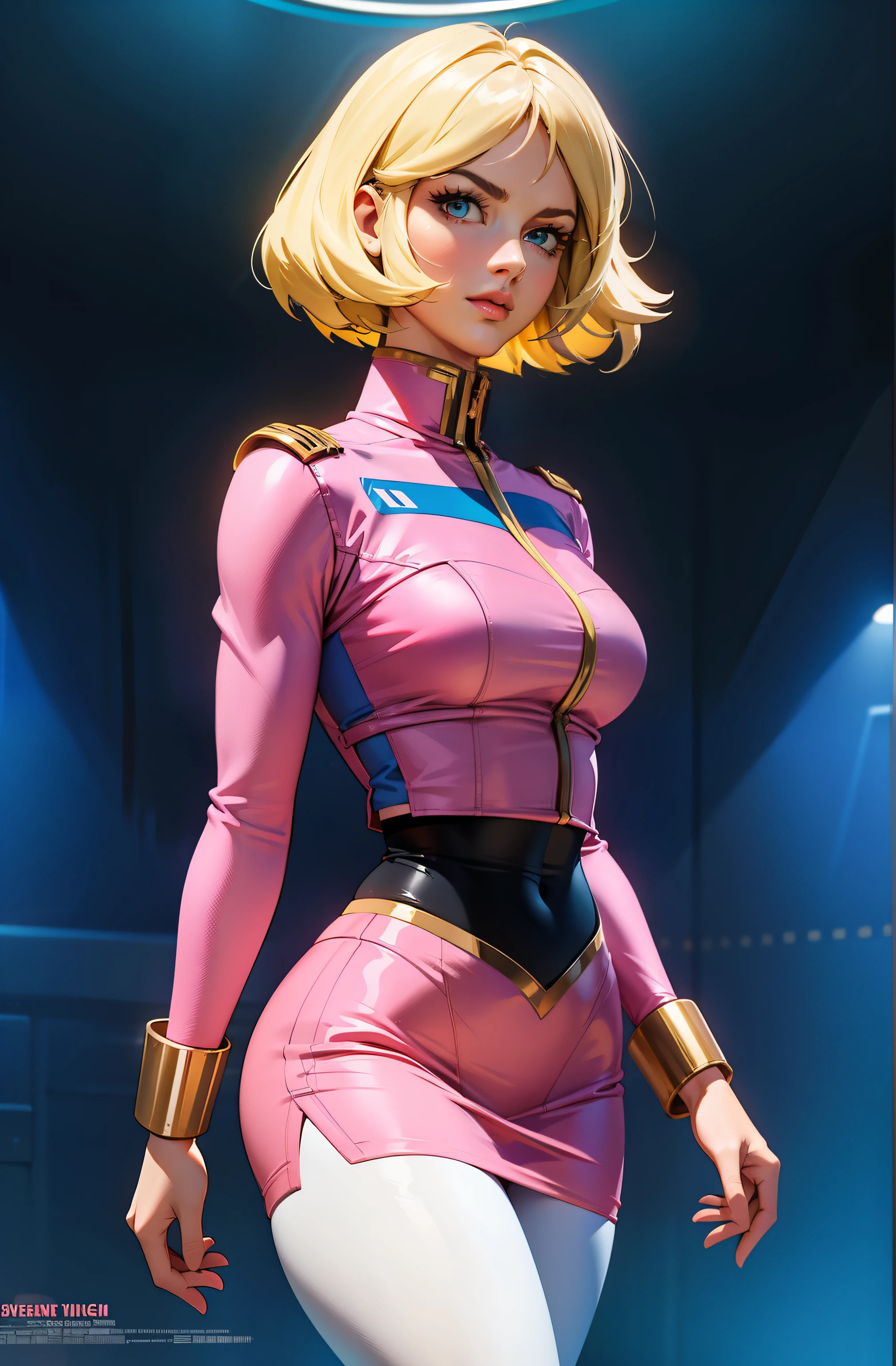 ((masterpiece)), ((cinematic lighting)), realistic photo、Real Images、Top image quality、1girl in, sayla mass, Elegant, masterpiece, Convoluted, slim arms, wide hips, thick thighs, thigh gaps, Best Quality, absurderes, high face detail, Perfect eyes, mature, Cowboy Shot, , Vibrant colors, soft pink uniform, soft pink Skirt, white tights, side view, looking at viewer