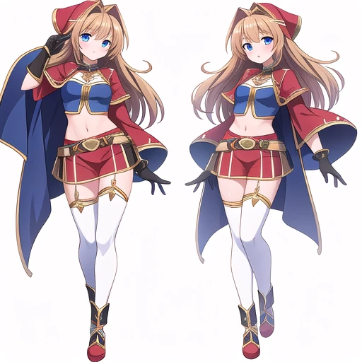 skirt vest, pantyhose, twintail, long hair, blond hair, knight, medium breast,honey lucmore,blue eyes,, walking, , cape,smile, 1character, 1girl, walking, magical girl,, solo focus, one character,