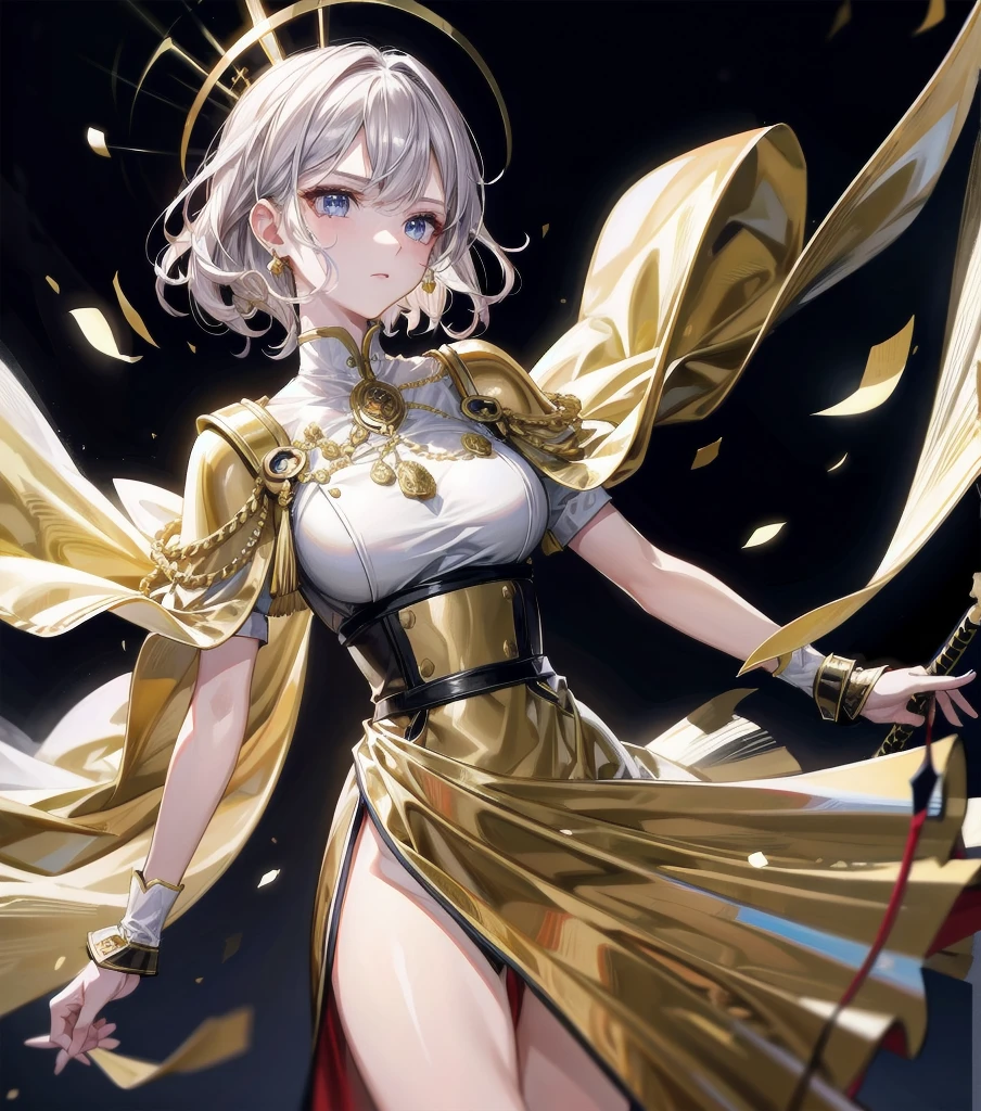 Military Dress, golden accessories, Grand Katana Sword, absurdres, RAW photo, extremely delicate and beautiful, masterpiece, Best Quality, ultra high resolution, 32k, hyperrealistic, ultra-detailed, detailed description, pale skin, 20 years old, tearful mole, earring, big tits, short medium hair, wavy hair, whole body shot,