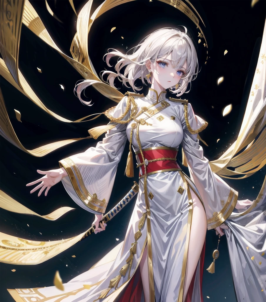 Military Dress, golden accessories, Grand Katana Sword, absurdres, RAW photo, extremely delicate and beautiful, masterpiece, Best Quality, ultra high resolution, 32k, hyperrealistic, ultra-detailed, detailed description, pale skin, 20 years old, tearful mole, earring, big tits, short medium hair, wavy hair, whole body shot,