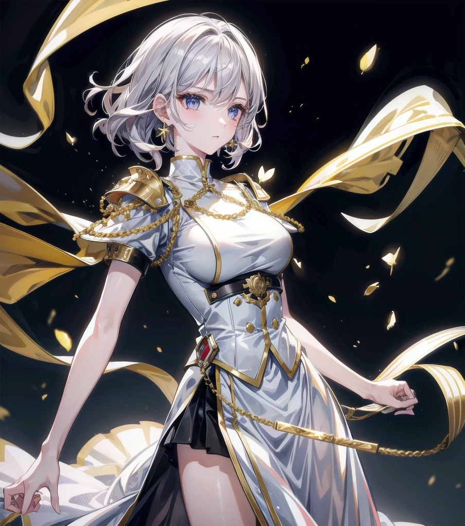 Military Dress, golden accessories, Grand Katana Sword, absurdres, RAW photo, extremely delicate and beautiful, masterpiece, Best Quality, ultra high resolution, 32k, hyperrealistic, ultra-detailed, detailed description, pale skin, 20 years old, tearful mole, earring, big tits, short medium hair, wavy hair, whole body shot,