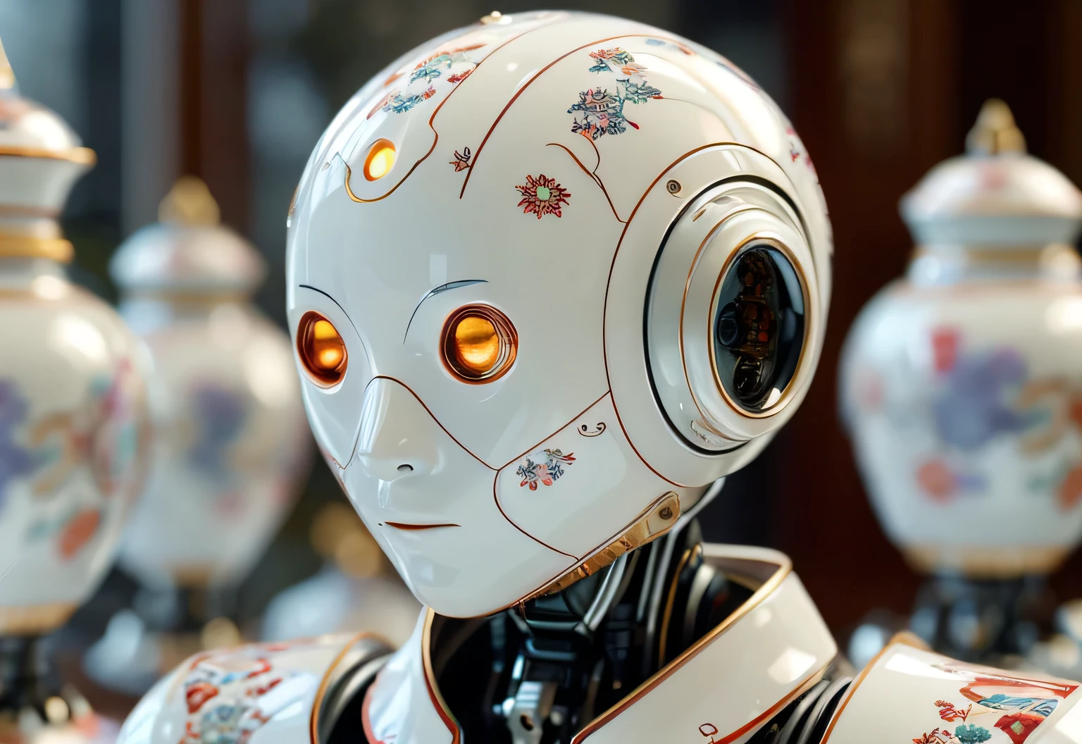 a close-up view of a robot with chinese porcelain texture, hyper realistic. The robot should have a white and red color scheme, adorned with intricate floral and other decorative patterns. Its eye should be large, round, and appear to be equipped with a camera lens, suggesting visual capabilities. The background should be blurred, focusing on the robot.