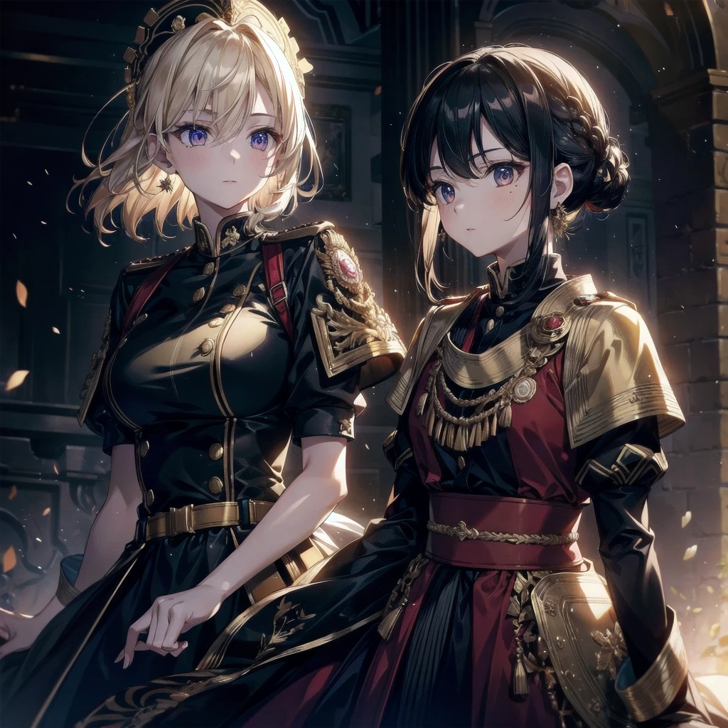 Military Dress, golden accessories, Grand Katana Sword, absurdres, RAW photo, extremely delicate and beautiful, masterpiece, Best Quality, ultra high resolution, 32k, hyperrealistic, ultra-detailed, detailed description, pale skin, 20 years old, tearful mole, earring, , short medium hair, wavy hair, whole body shot, 2 girls,