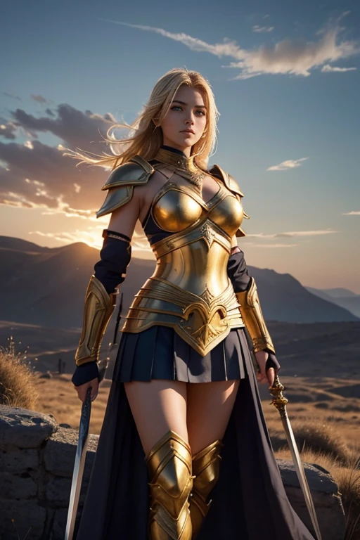 Generates an image of a Greek warrior girl at sunset, showing her entire body from head to toe. The warrior should have wide legs and hips, which gives her a strong and powerful appearance. She must wear golden armor that is not ostentatious, but is still impressive and functional. The armor must have an elegant design, inspired by ancient Greece, and must cover her entire body. The warrior must hold two swords in her hands, ready for combat. Her blonde hair should flow in the wind, and she should wear a short white skirt that complements her armor. The scene should take place at dusk, with warm colors illuminating the sky and clouds. The warrior must stand in a natural landscape, ready to face any challenge that comes her way NSFW sexy legs