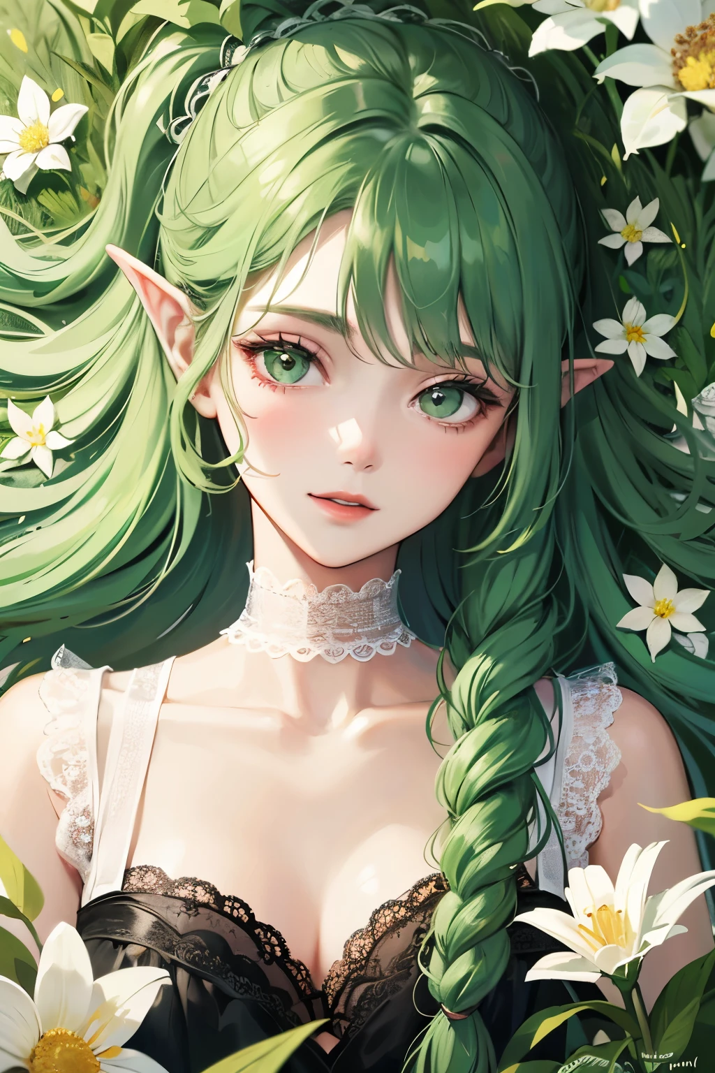 ((best quality)), ((masterpiece)), (detailed), perfect face, elf, young, girl, green hair, long hair, yellow dress, flowers, white flowers, happy, sunny, green grass, lawn, full-lenght, white lace choker