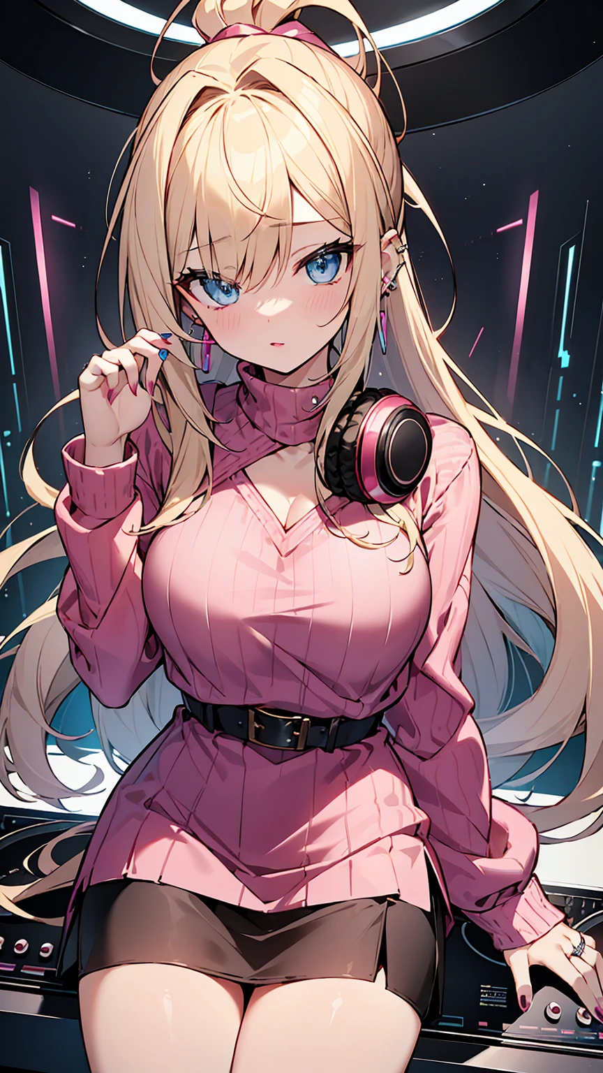 highest quality、masterpiece、4K、Blonde、Long ponytail、Slanted Eyes、blue eyes、Pink lipstick、Gal、Pink Sweater、Moe sleeves、Cleavage、topless、Have many ear piercings、ring、Lots of accessories、Headphones、Large Breasts、Short black skirt、Knee-high boots、dj table、mixer、synthesizer、Turntable、Red nails、Nightclub