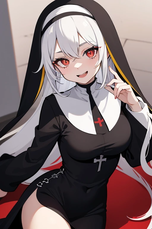 create an image in anime style of a girl with red and gold eyes, black and white hair, and black wings and a nun dress gothic (should have a teasing face and a shadow in her face, she is laughing) her eyes are litghing