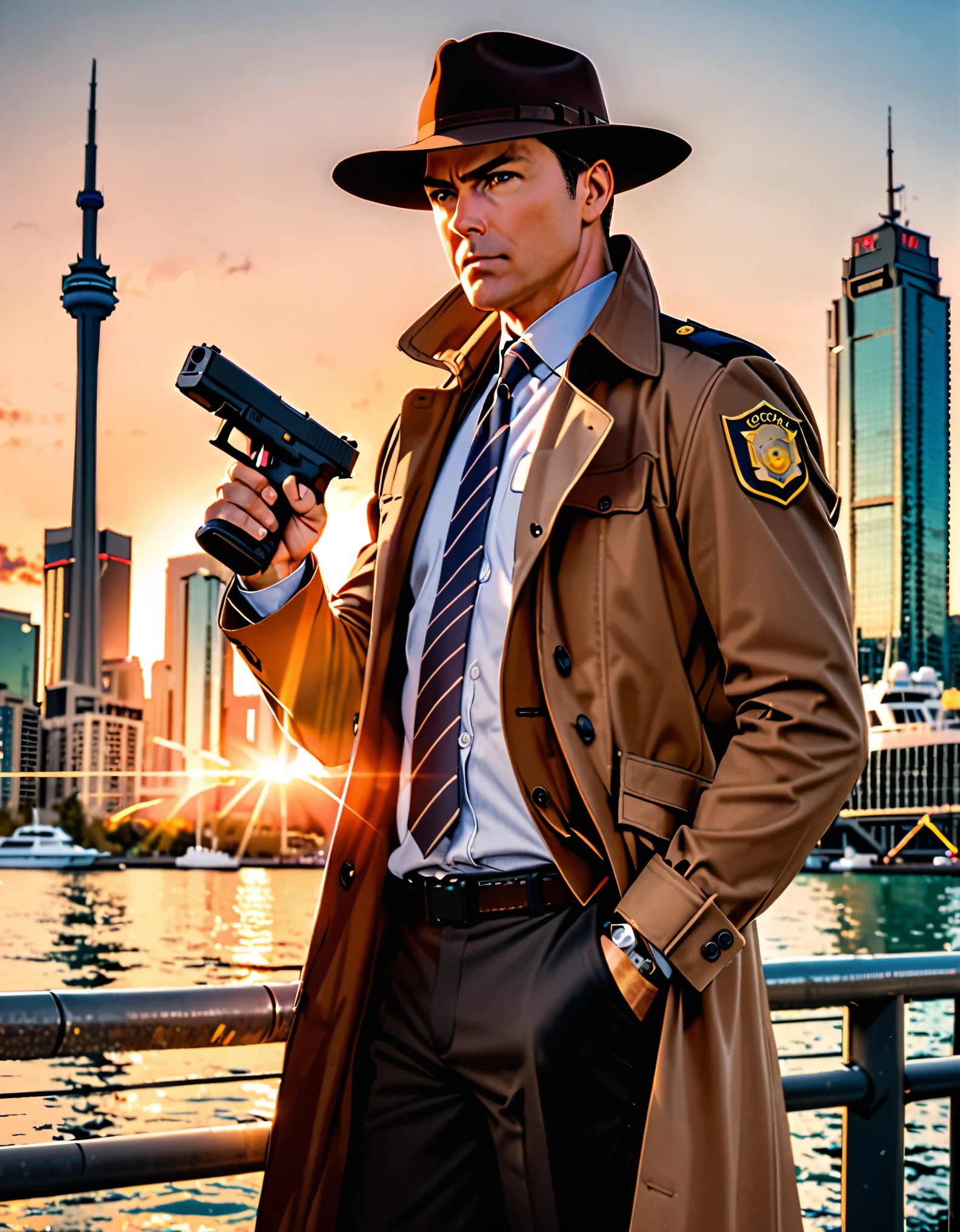 ((masterpiece, best quality, hires)), 1boy, male focus, solo focus, mature adult, age 27, canadian police officer, detective, dark brown suit and tie, trenchcoat, brown hair, dark hazel eyes, ((using Glock17 handgun)), in front of a patrol cruiser, toronto city backdrop, cowboy shot, sunset, brown cowboy hat, serious look on his face.