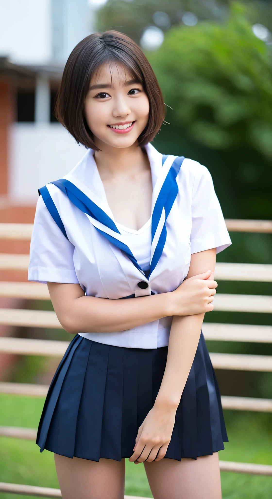masterpiece, highest quality, Complete Anatomy、RAW Photos, Realistic、(Cute face:1.7)、(Very cute smile:1.6)、(Round face:1.9)、(Baby Face:1.6)、(Very cute face like an idol:1.8), Black-haired、Written boundary depth, High resolution, Very detailed, Very detailed目と顔, Realistic student, Sharp focus, Cinema Lighting、(Clothing that emphasizes the bulge of the chest:1.2)、 (Large Breasts:1.8)、19-year-old female、One Woman、 (Very short hair:1.8)、 (Japanese 、school uniform:1.5)、Very detailed8k壁紙、(too short pleated skirt:1.7)、(Use both hands to pull up the hem of your skirt、Showing her white panties to the camera:1.6)、(whole body:1.5)、Are standing、Angle from below、(Thigh close-up:1.8)、Written boundary depth、Background Blur