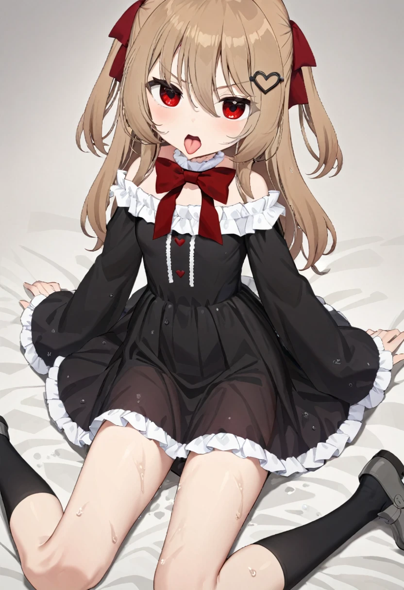 1girl, evil neuro-sama, (yuzu modoki), red eyes, light brown hair, ahoge, two side up, hair ribbon, dark red ribbon, heart hair ornament, black dress, frilled dress, off-shoulder dress, bare shoulders, frilled choker, long sleeves, red bow, red buttons, black heart, black socks, frilled socks, grey footwear, loafers, (masterpiece, best quality), highly detailed, finely detailed, wet, steam, looking at viewer, see-through dress, covered nipples, underwear, cleavage, collarbone, simple background, stomach, dress lift, upskirt, tongue out, open mouth, angry, sitting, from above,