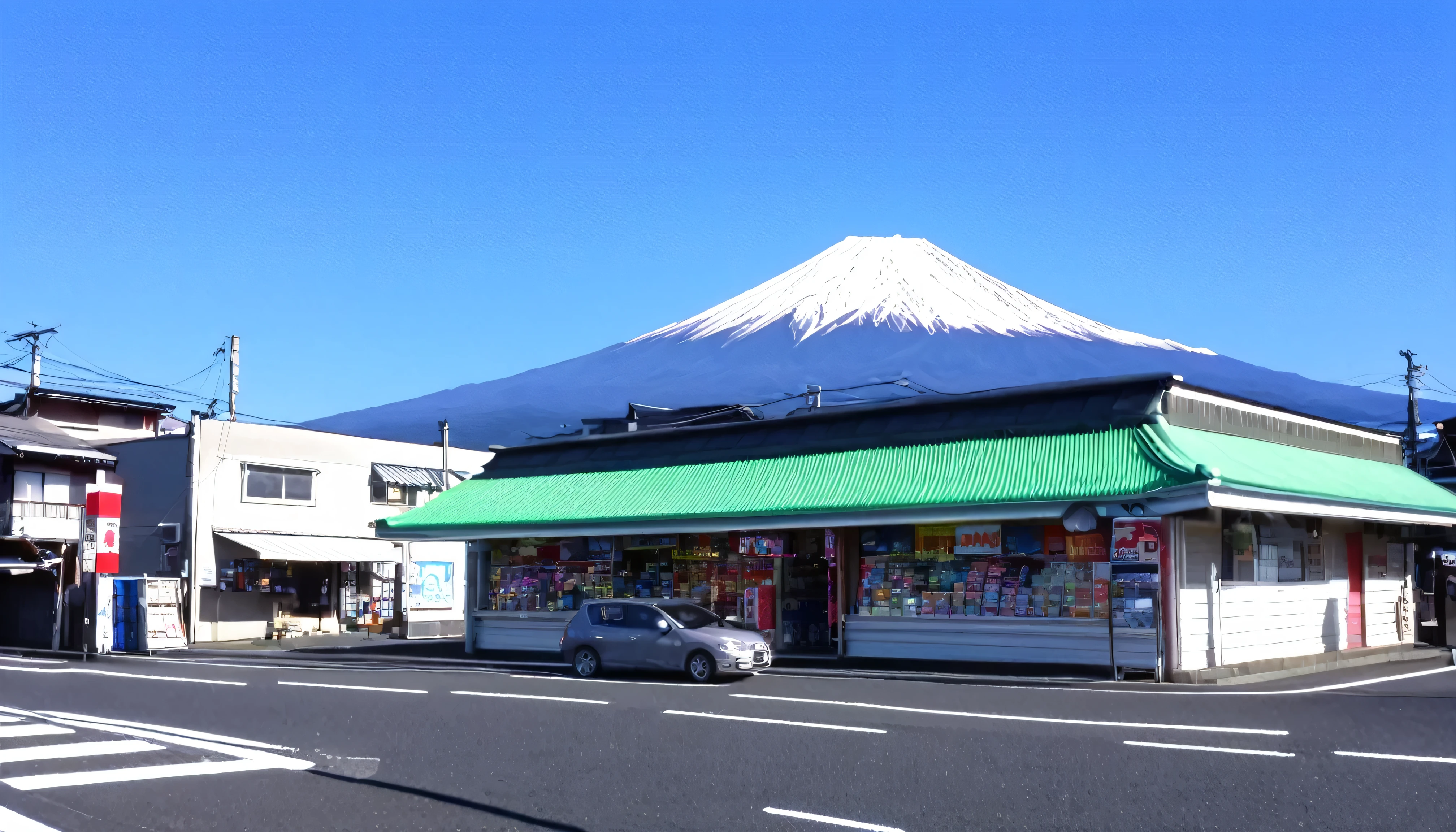 Convenience store building, with Mt. Fuji on top, angle: front
