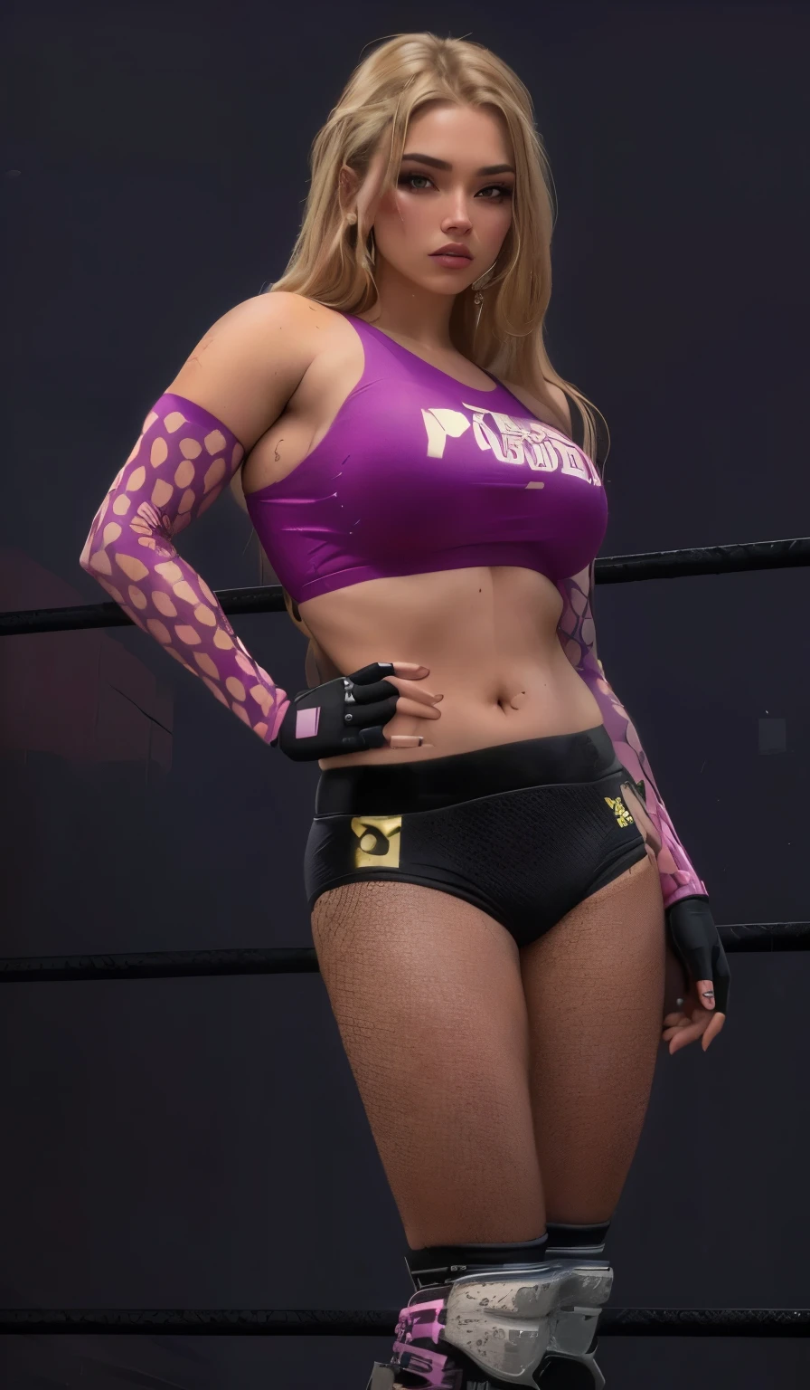 un primer plano de una mujer vestida de luchadora posando para una foto, piel bronceada, piel fucsia, Inspirado por L.. a. anillo, imagen detallada, violeta myers, impacto henificador, detalle medio, piel fucsia, smooth piel fucsia, 2k aesthetic, acentos de purpurina en la figura, taken in the early 2020s