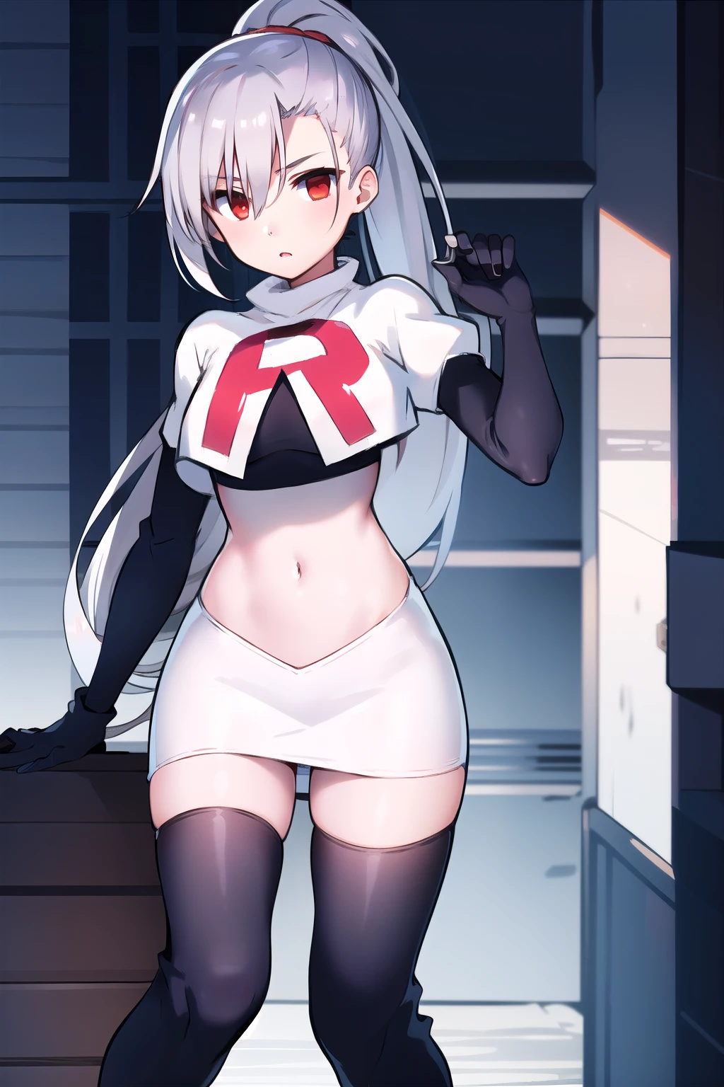 1girl, tina, best quality, long ponytail, silver hair, red eyes, highly detailed, team rocket,team rocket uniform,white skirt,red letter R,crop top,black thigh-highs,black elbow gloves