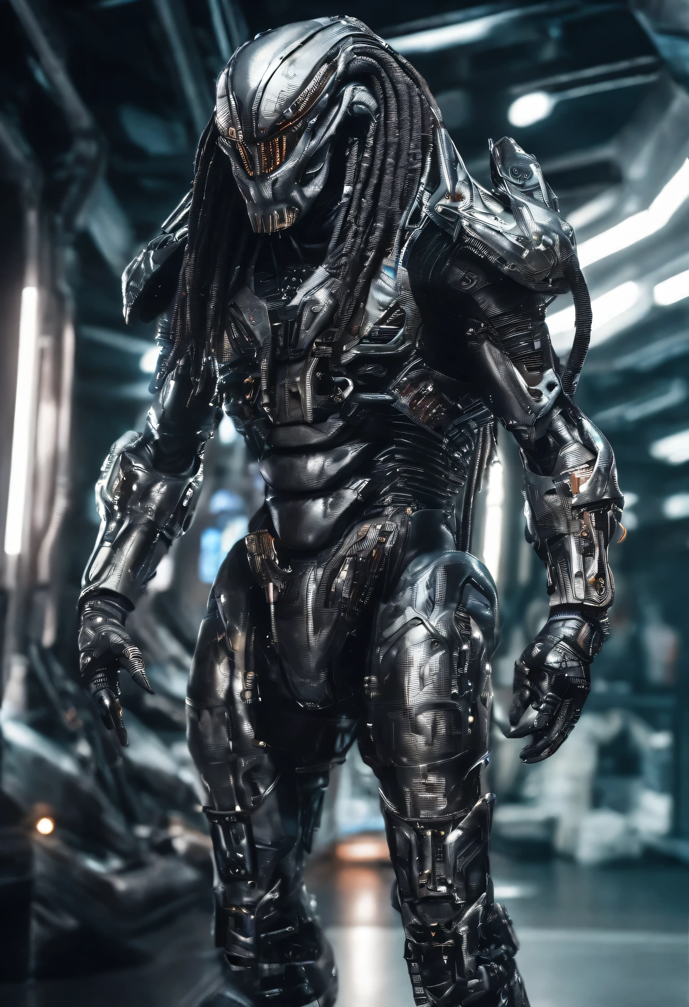 The Predator,full bodyesbian,cyber punk perssonage,Silver-white armor,high-tech weapon