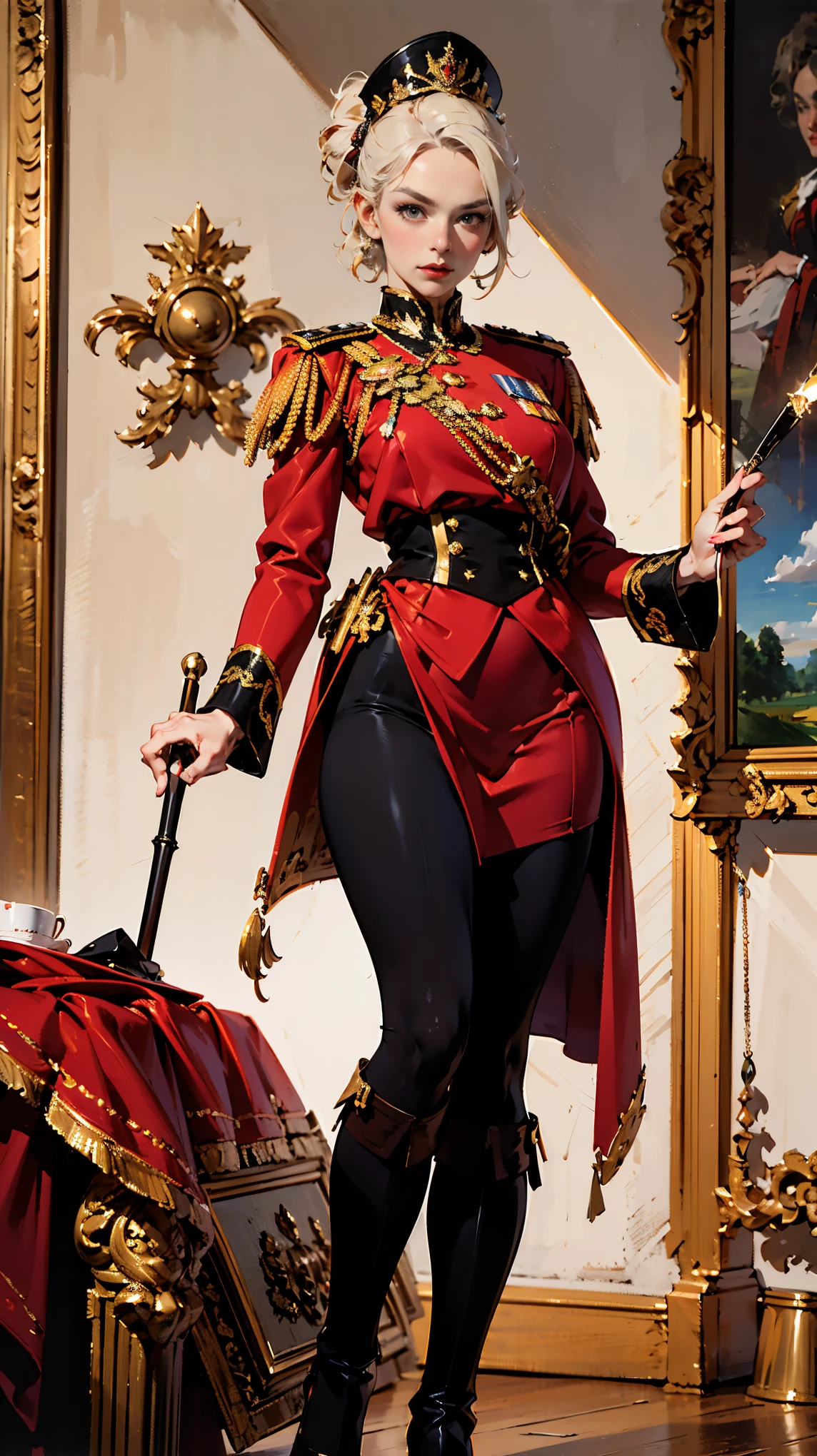 (Best quality, 4K, high resolution, masterpiece, ultra-detailed, realistic anatomy, photo-realistic:1.37), alluring young woman, princess, high-ranking military officer, (wearing Prussian style regal uniform), (maroon double-breasted jacket adorned with medals), (matching breeches), (matching shoulder cape), Prussian field marshal cap, black stocking, long heel boots, platinum blonde hair, elegantly styled in a chignon bun, standing authoritatively while holding the Field Marshal's baton, This full-body portrait captures her formidable presence and power, with sharp focus on her uniform's intricate details, her numerous medals, and her intense gaze, The image evokes an aura of experience, discipline, and supreme authority, set against an impressive military headquarters backdrop,