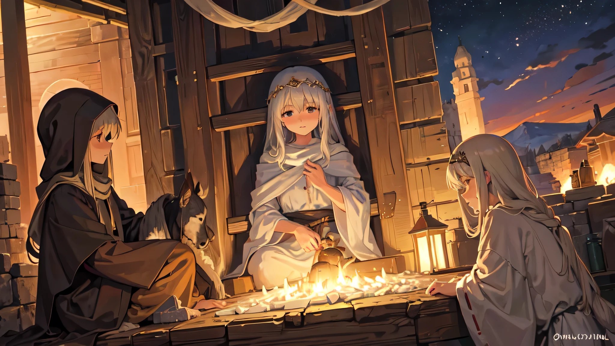 In the center of the nativity scene, a rustic wooden manger serves as the focal point. Inside it lies a baby wrapped in swaddling clothes, representing the newborn Jesus. He is surrounded by Mary and Joseph, who gaze upon him with love and reverence. A soft light emanates from the manger, symbolizing the divine presence.
Surrounding the manger is a simple stable made of stone and wood, housing the characters of the scene. The walls are adorned with hay, suggesting the humble environment in which the birth took place.
At the entrance of the stable, there is a donkey and a mule, both mentioned in the biblical narrative as being present at the birthplace. They peacefully observe the scene, representing the animals present on the occasion.
Beside the manger, shepherds are kneeling, representing those who were the first to receive the news of the Savior's birth. Some hold staffs, indicating that they were tending to their flocks when they received the message from the angels.
Above the stable, a bright star illuminates the night sky, reminiscent of the Star of Bethlehem, which guided the Magi to the birthplace.
On the distant horizon, the hills of Judea stretch out, shrouded in the darkness of the night. The silence of the landscape is broken only by the gentle sound of the flocks in the fields.
This nativity scene seeks to capture the atmosphere of peace and reverence that surrounded the moment of Jesus's birth, as described in the Scriptures.
