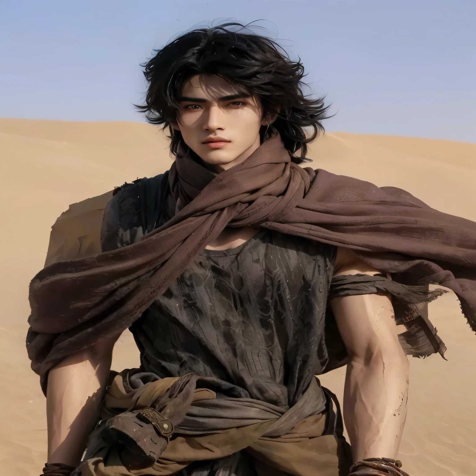 a close up of a person in a Desert with a scarf, hanDsome prince of persia, inspireD by Zhang Han, in the 2 0 2 1 movie Dune, beautiful anDrogynous prince, Djinn human hybriD, cai xukun, quien es siwoo, Won Bin Lee, portrait of beDouin D&D, inspireD by Yang Jin, hanDsome prince