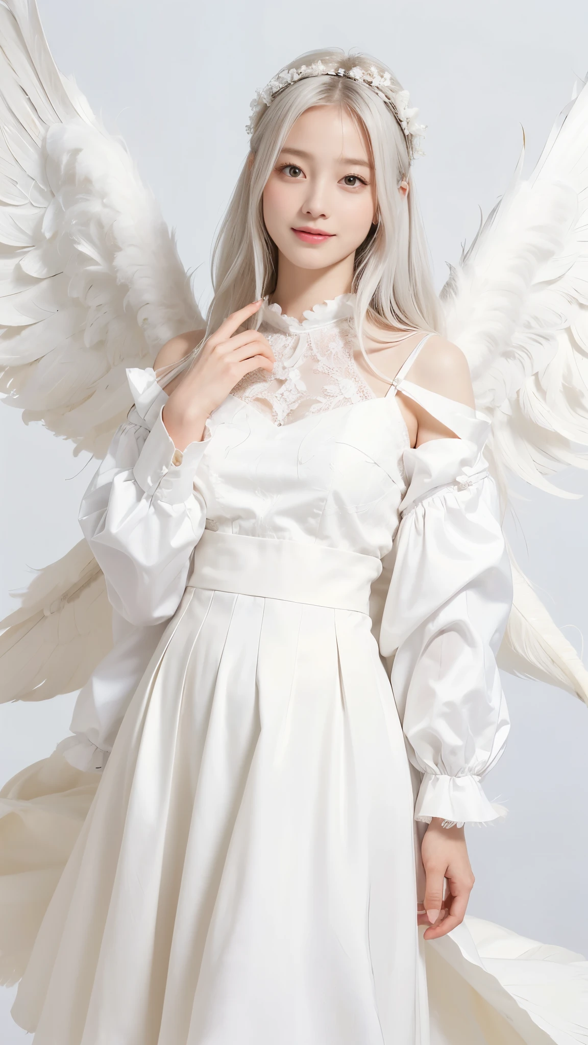 ((highest quality:1.3、8k、masterpiece))、One Girl、Detailed face 1:2、Cute face、Detailed eyes、Laughter、Beautiful woman、Full Body Lesbian、Angelicales、Angel、White Skirt、White Tops、feather、Gentle light、Light background、Great background、White gold hair、standing