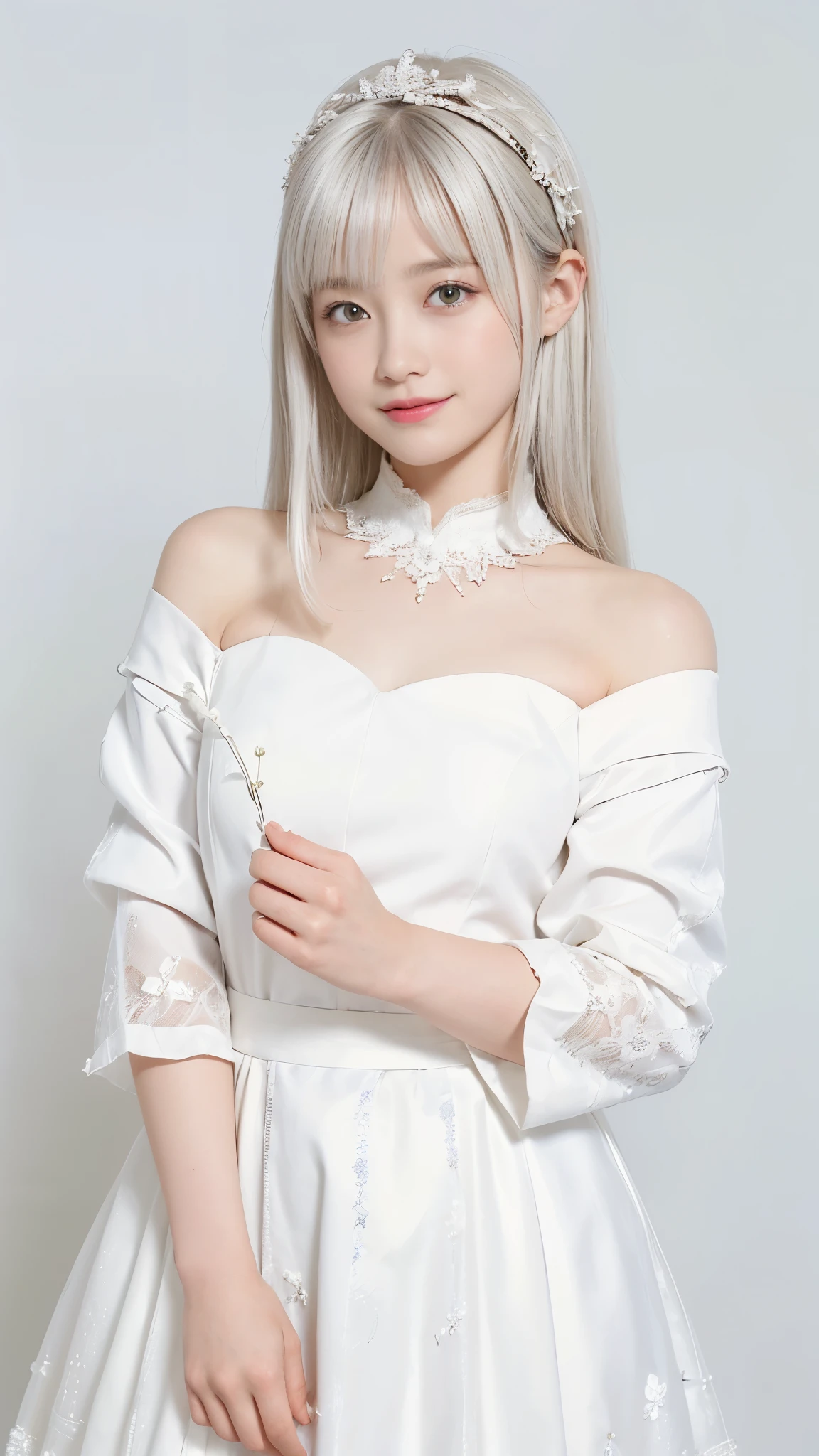 ((highest quality:1.3、8k、masterpiece))、One Girl、Detailed face 1:2、Cute face、Detailed eyes、Laughter、Beautiful woman、Full Body Lesbian、Angelicales、Angel、White Skirt、White Tops、feather、Gentle light、Light background、Great background、White gold hair、standing