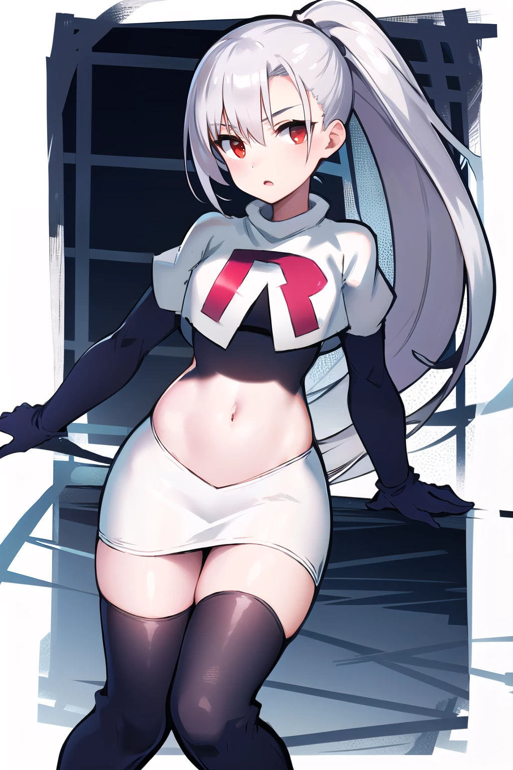 1girl, tina, best quality, long ponytail, silver hair, red eyes, highly detailed, team rocket,team rocket uniform,white skirt,red letter R,crop top,black thigh-highs,black elbow gloves