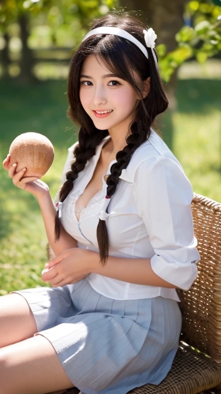 Eilor Suit, One Woman, (Beautiful woman, Delicate schoolgirl:1.3), 8k, highest quality, masterpiece, Very detailed, Ultra-high resolution, Realistic, RAW Photos, Absolute Resolution, Black Hair, Braid, face is small compared to body, Very small face, Black Hair, navy blue sEilor Suit, Navy Blue Skirt, High school girl wearing a sEilor Suit, Anime 2D Rendering, Realistic若いアニメの女子高生, , ((White headband)), Top-down position, Small breasts, expensive, Slanted Eyes, Purple eyes, Black Stockings, garter belt, smile, Sitting under a cherry tree, (Hold rice balls in both hands:1.3),Camel Toe、Giant tit、Nipple Puffs、Cleavage、Plump、Super big breasts、Super big butt