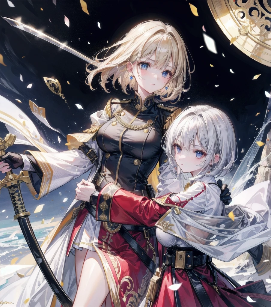 Military Dress, golden accessories, Grand Katana Sword, absurdres, RAW photo, extremely delicate and beautiful, masterpiece, Best Quality, ultra high resolution, 32k, hyperrealistic, ultra-detailed, detailed description, pale skin, 20 years old, tearful mole, earring, big tits, short medium hair, wavy hair, whole body shot, 2 girls,