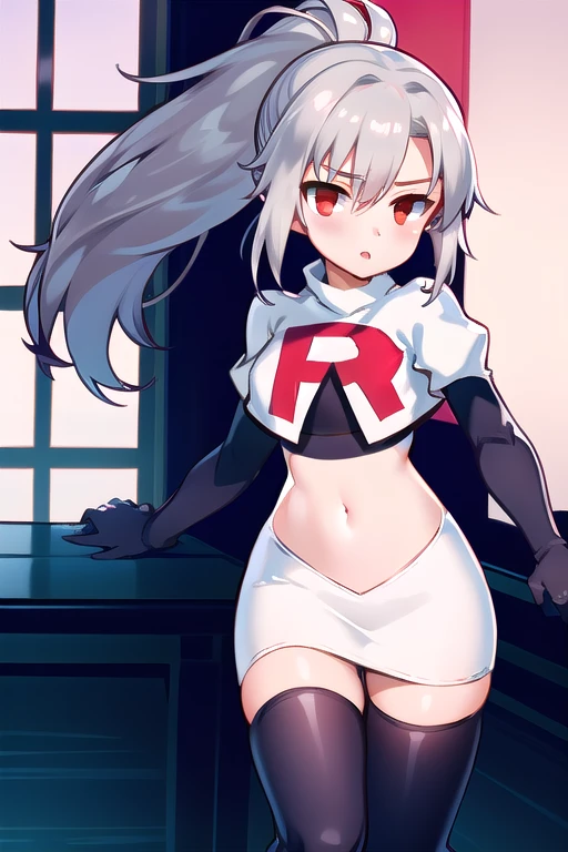 1girl, tina, best quality, long ponytail, silver hair, red eyes, highly detailed, team rocket,team rocket uniform,white skirt,red letter R,crop top,black thigh-highs,black elbow gloves
